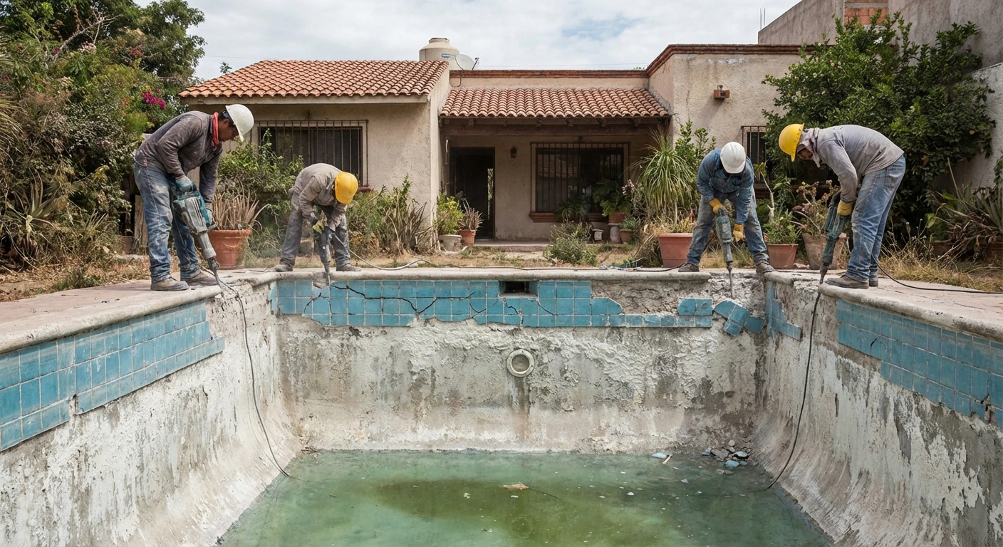 Estado inicial antes de remodelación — línea de agua deteriorada