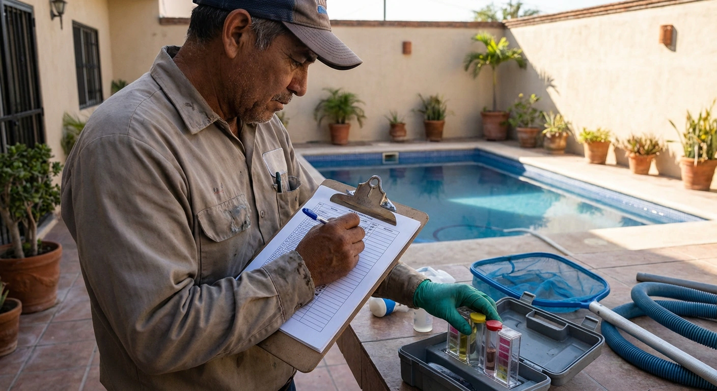 Registro de servicio completado — técnico anotando resultados en clipboard